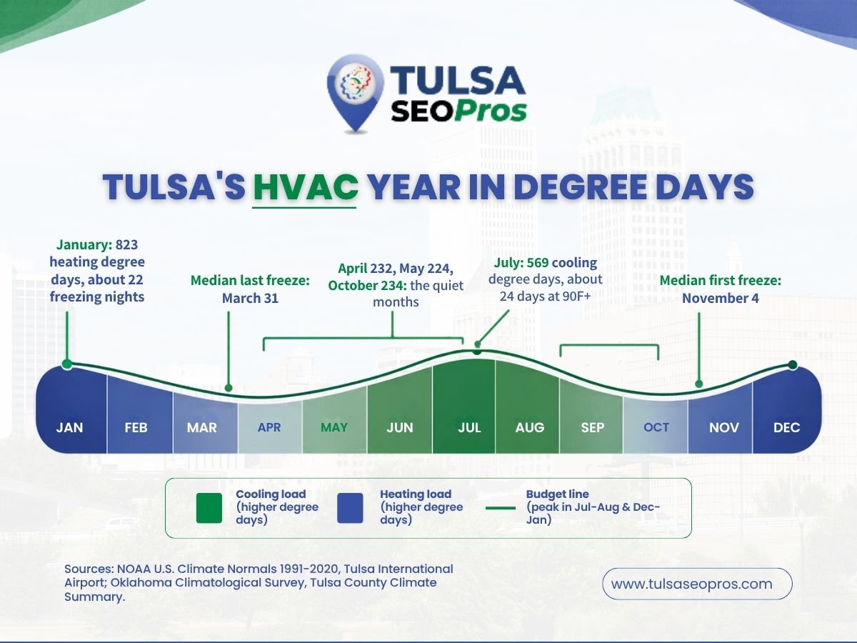 Tulsa HVAC degree days by month, showing cooling peaks in July and August and heating peaks in December and January