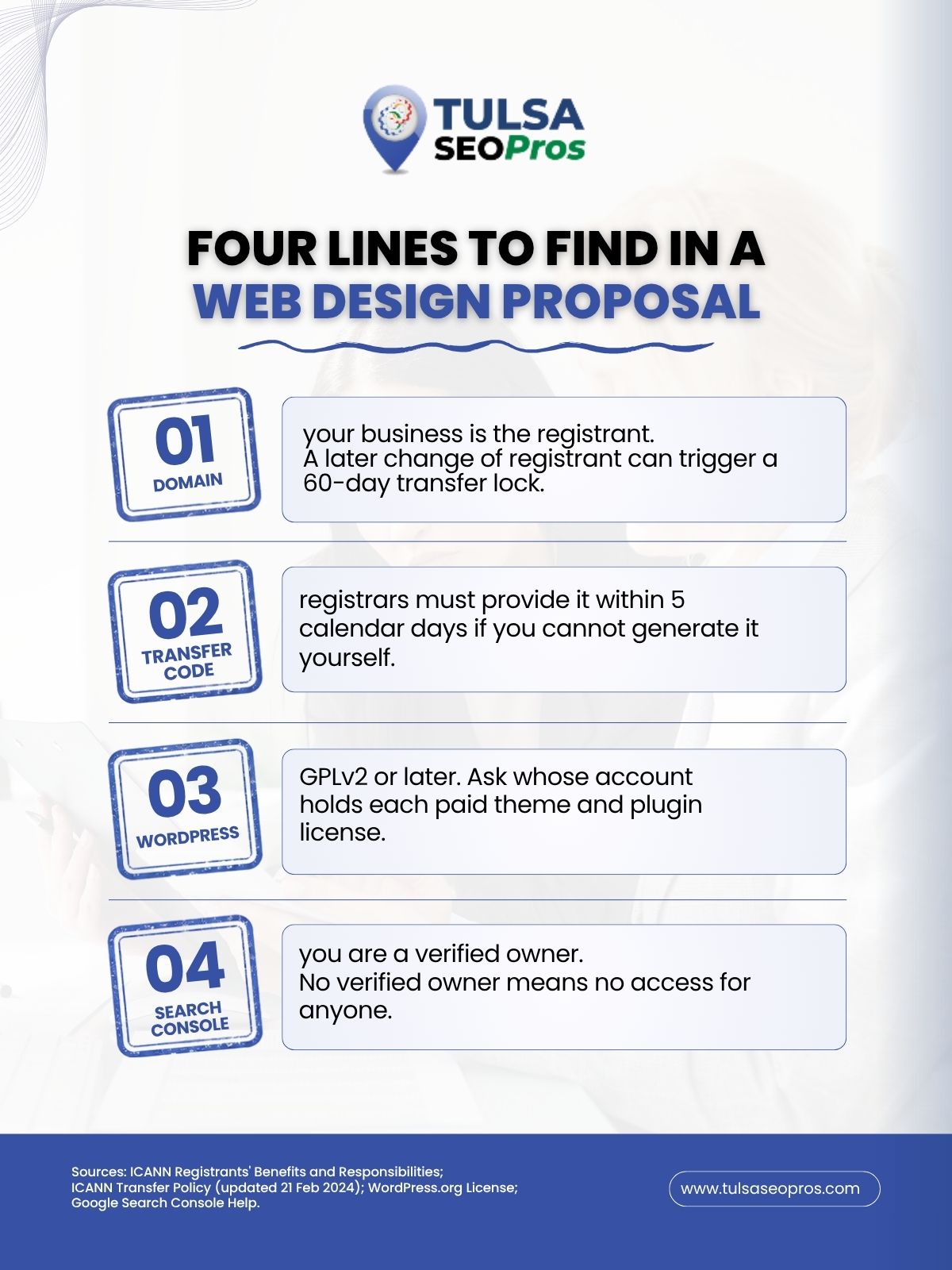 Web design proposal checklist covering domain, transfer code, WordPress and Search Console